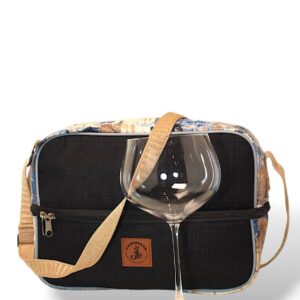 J'Kweendom Wine Cooler Bag in black with a printed panel, shown with a wine glass